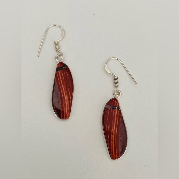 Handmade Unique Red Convoluted Jasper Flame 925 Sterling Silver Earrings - Picture 2 of 3